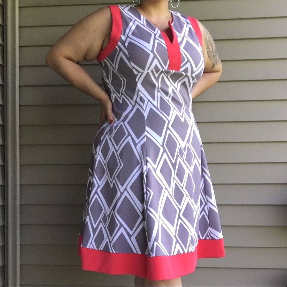 Grey, Coral and White patterned church dress